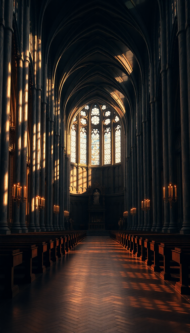Neon Shadows Candlelight Interior Cathedral Photorealistic Wallpaper