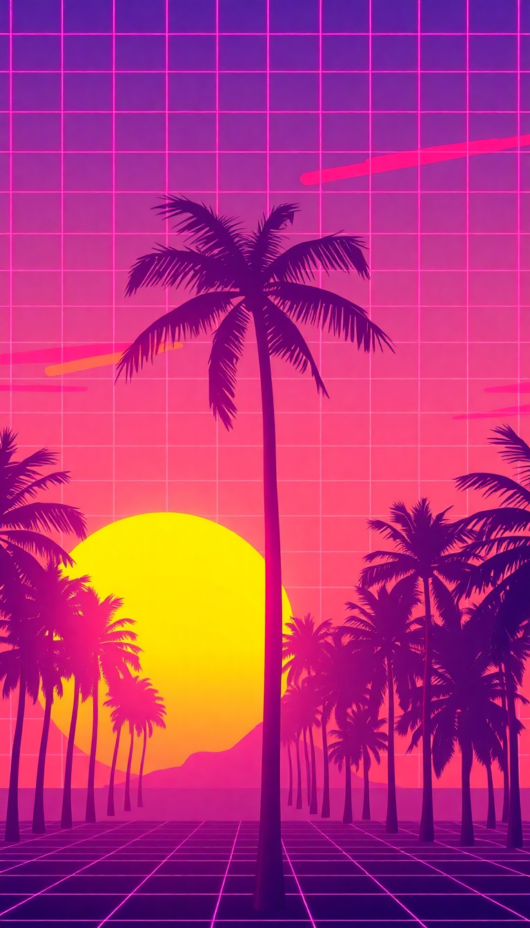 Sunset Palm Trees Neon Cyberpunk Enhanced Wallpaper
