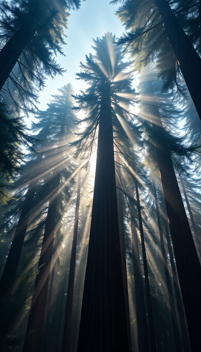 Western Giant Trees Fog Filtering Photorealistic Wallpaper