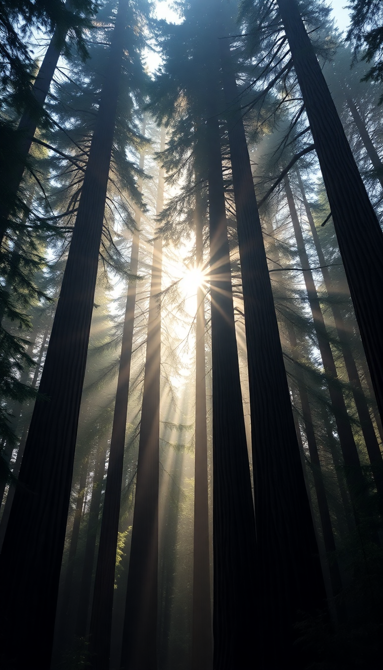 Photorealistic Glossy Redwood Trees Morning Wallpaper