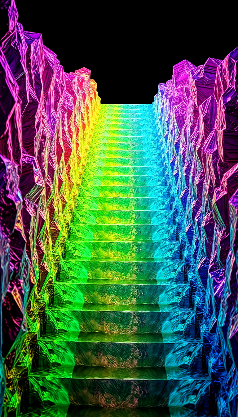 Bismuth Crystal Formation Rainbow Metallic Stairs Photorealistic Exclusive Wallpaper