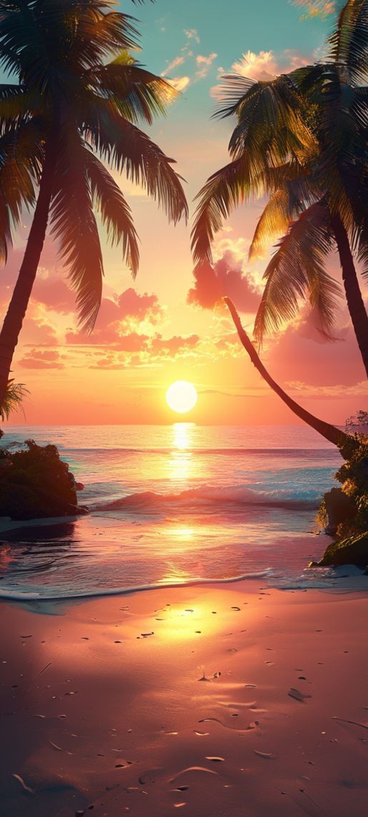 Summer Sunset Beach Silhouette Palm Trees Photorealistic Max Wallpaper