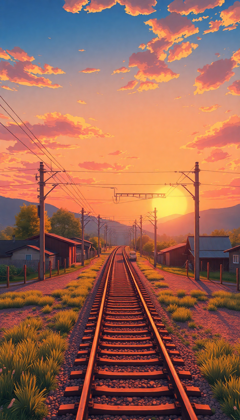 Matte Train Crossing Rural Japan Sunset Wallpaper