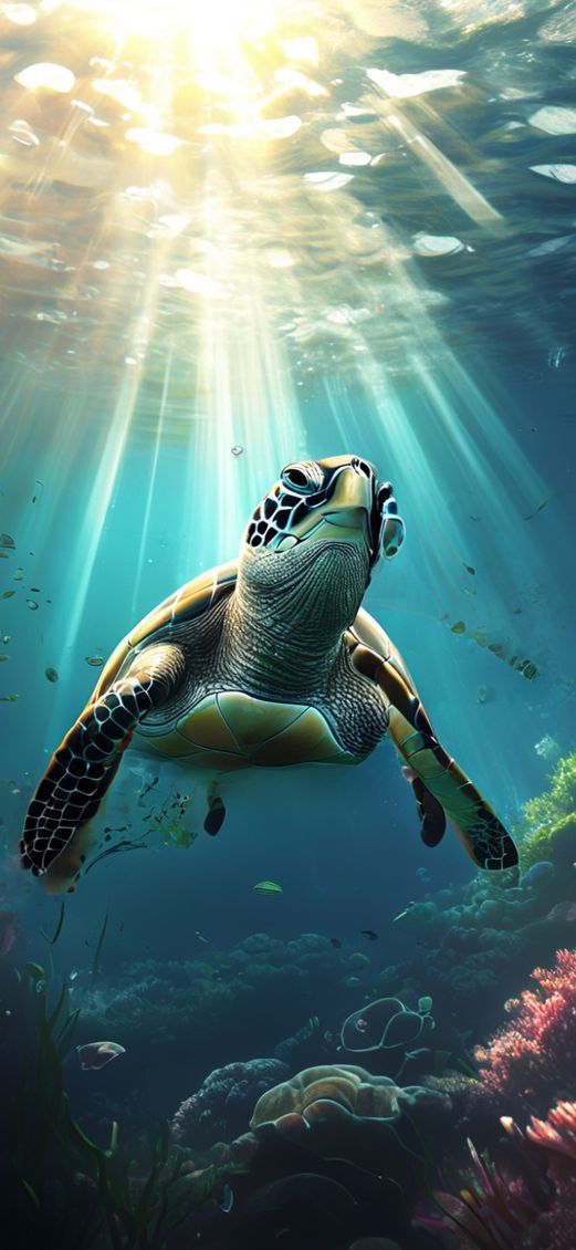 Vintage Turtle Swimming Sunbeams Underwater Peaceful Wallpaper