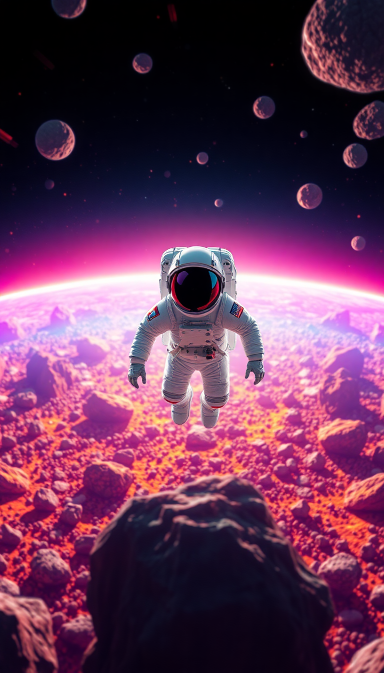 Astronaut Floating Through Colorful Asteroid Field Digital art Exclusive Wallpaper