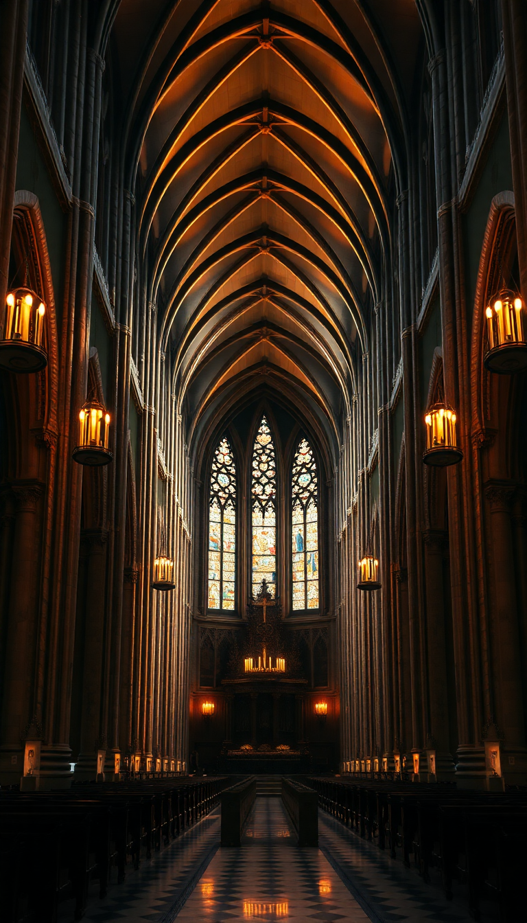 Dramatic Gothic Cathedral Interior Candlelight Shadows Wallpaper