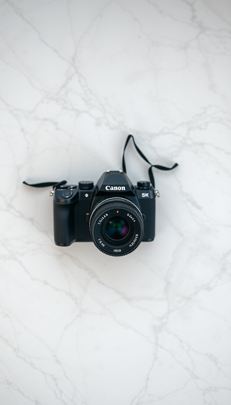 Film Camera On Marble Flatlay Photorealistic Wallpaper