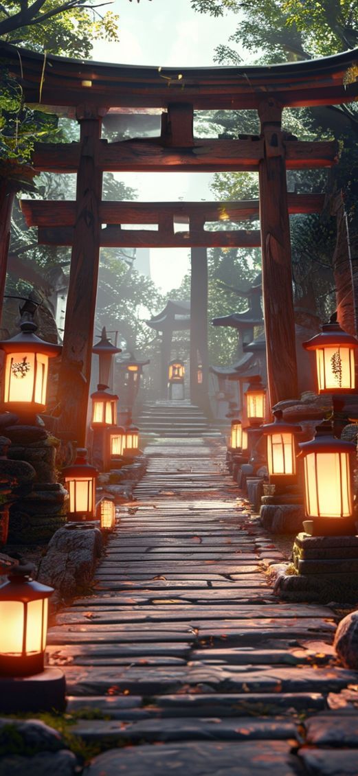 Misty Gate Torii Path Stone Lanterns Wallpaper