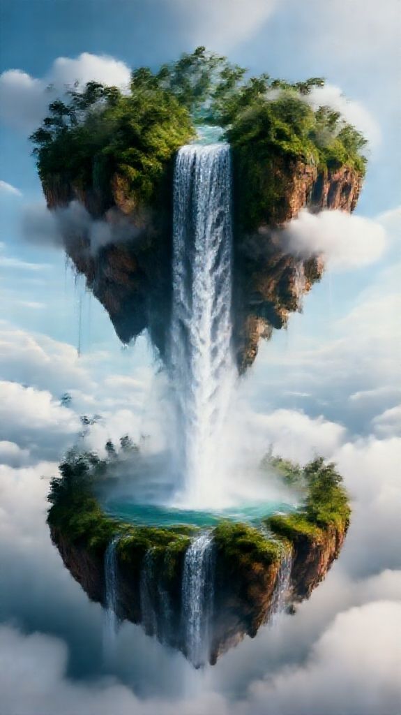 Subtle Moody Floating Islands Waterfalls Wallpaper