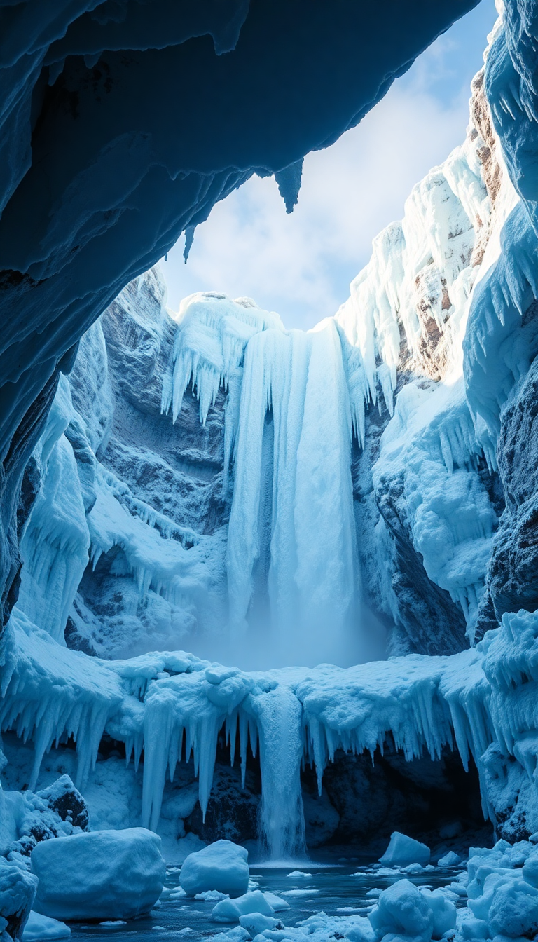 Dreamy Waterfall Ice Formations Winter Photorealistic Wallpaper