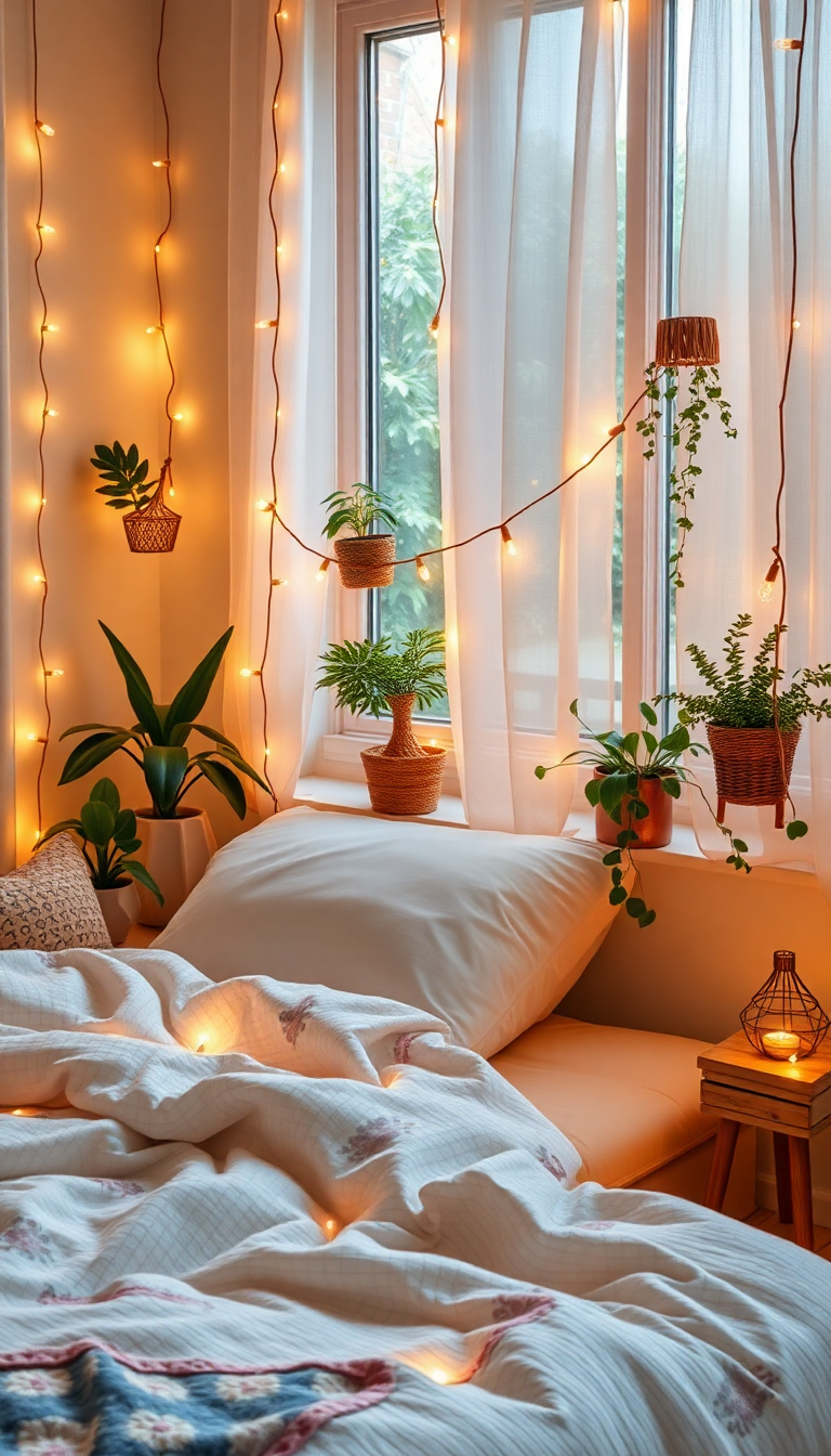 Indie Bedroom Fairy Lights Plants Cozy Photorealistic Pro Wallpaper