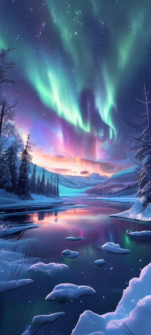 Enchanting Lights Over Frozen Lake Wallpaper