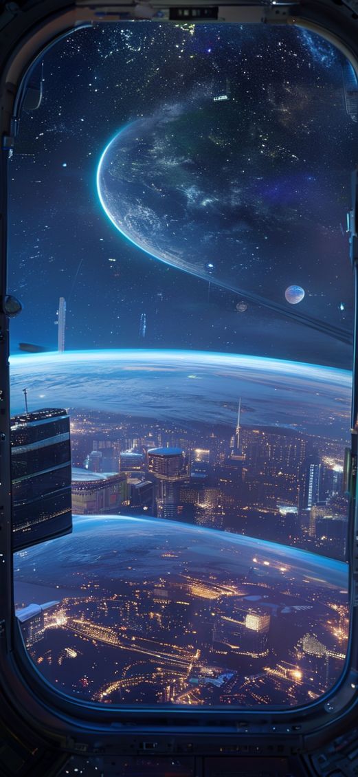 Breathtaking Space Window Earth City Photorealistic Wallpaper