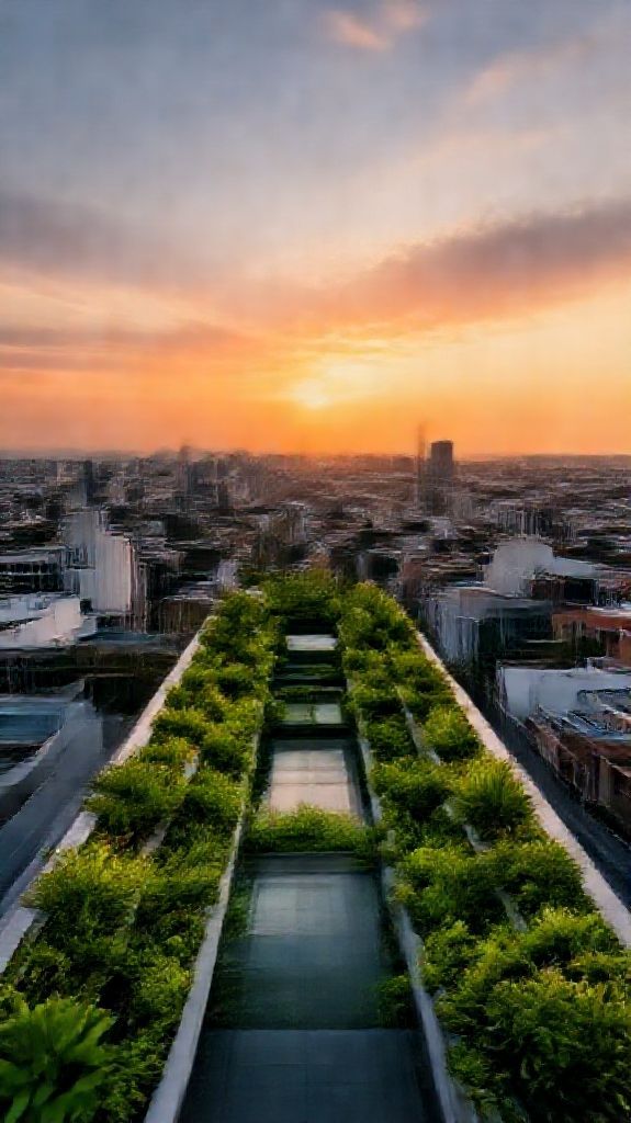 Monochrome City Above Oasis Garden Photorealistic Wallpaper