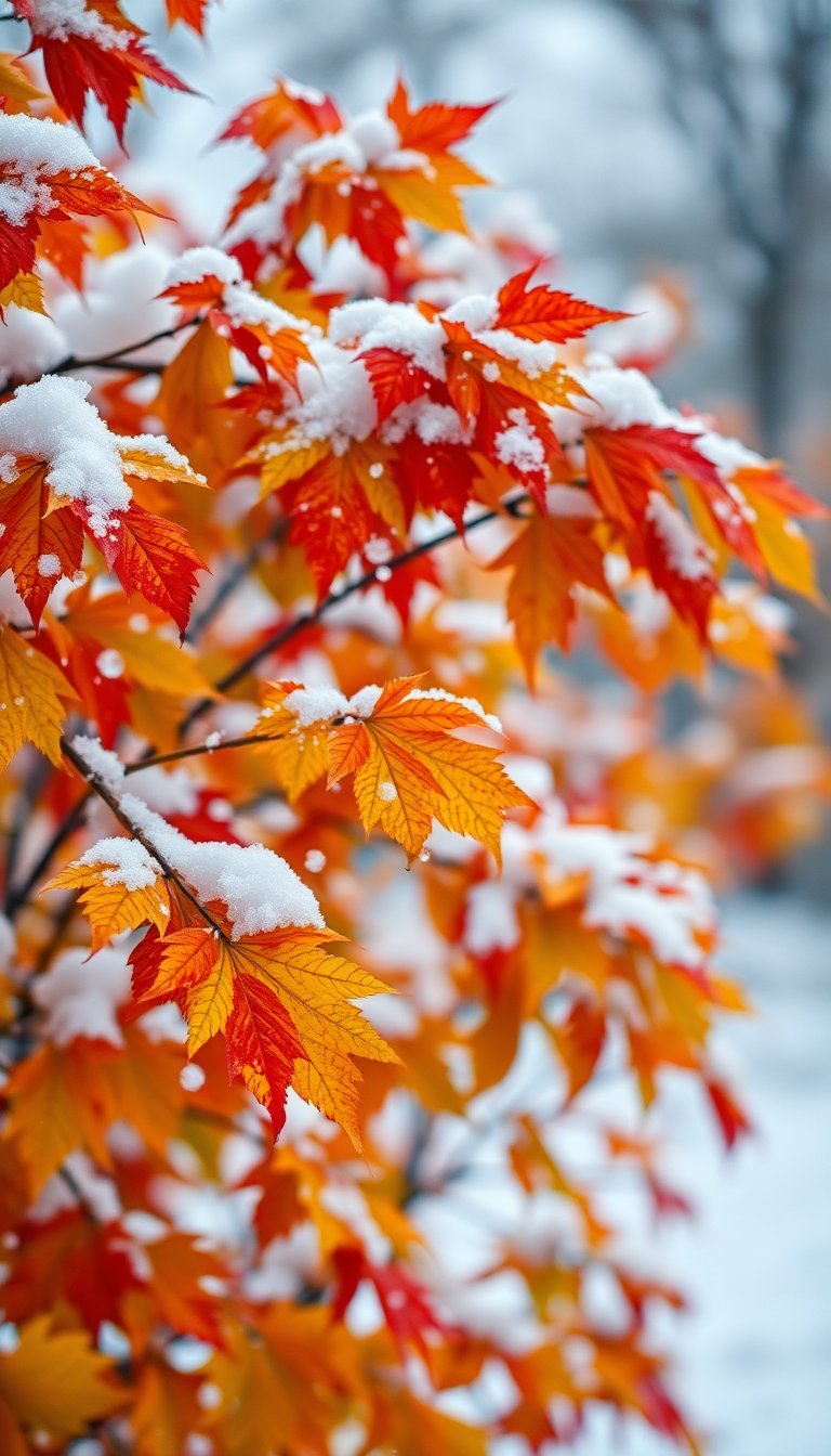 First Snow Falling Autumn Leaves Transition Photorealistic Edition Wallpaper