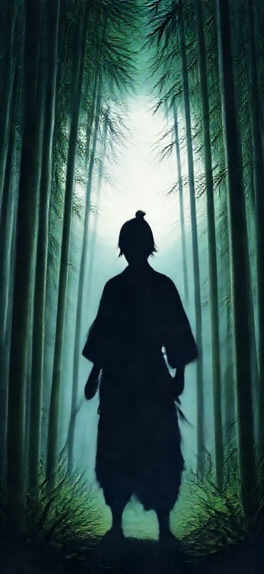 Baroque Samurai Silhouette Moonlit Bamboo Forest Wallpaper