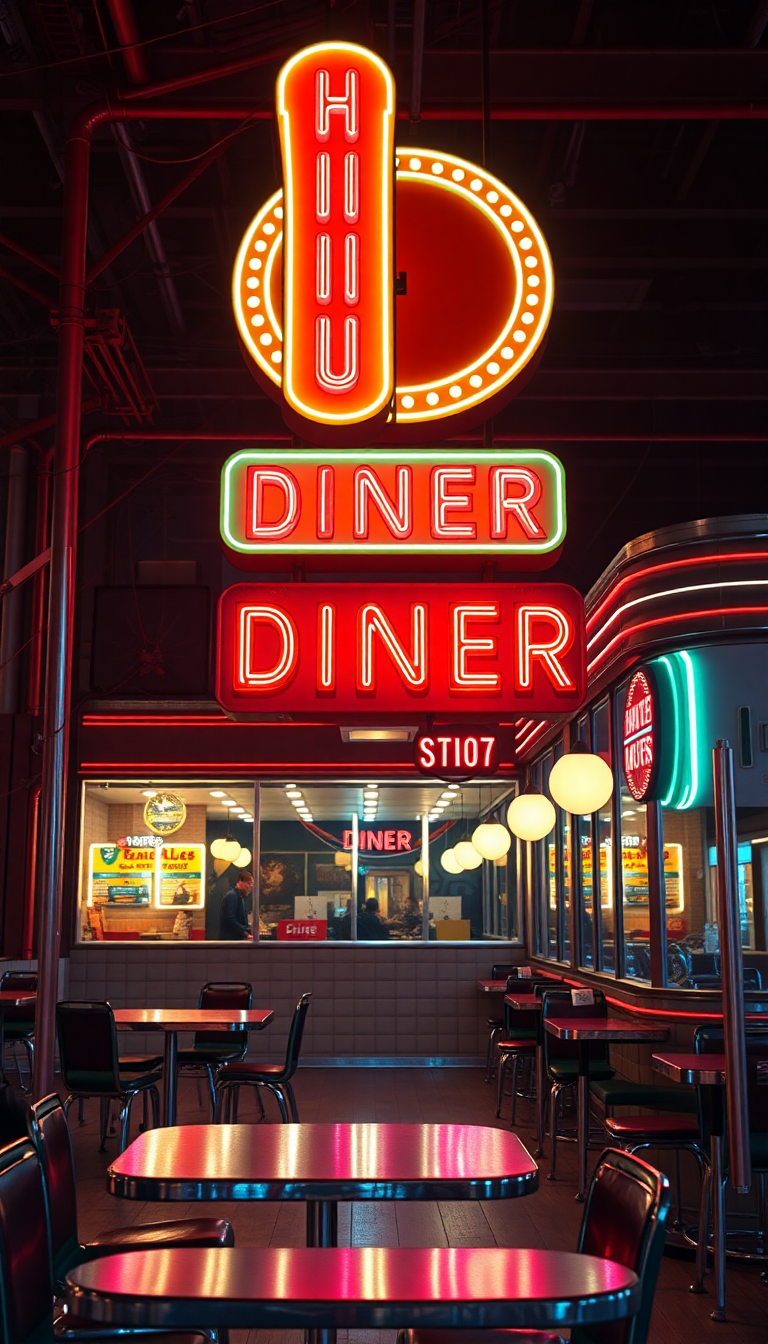 Retro Diner Neon Signs Chrome 1950s Photorealistic Max Wallpaper