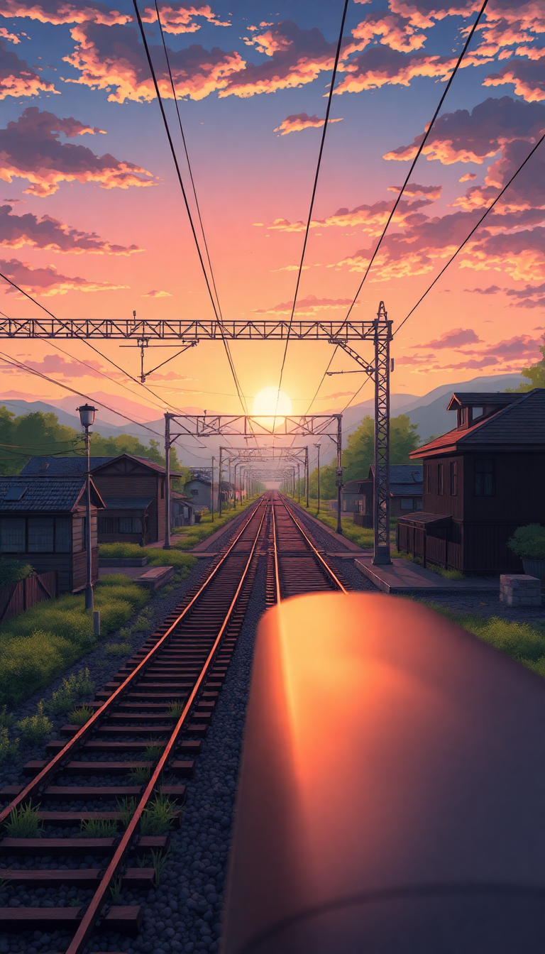 Solar Train Rural Sunset Scenery Anime Wallpaper