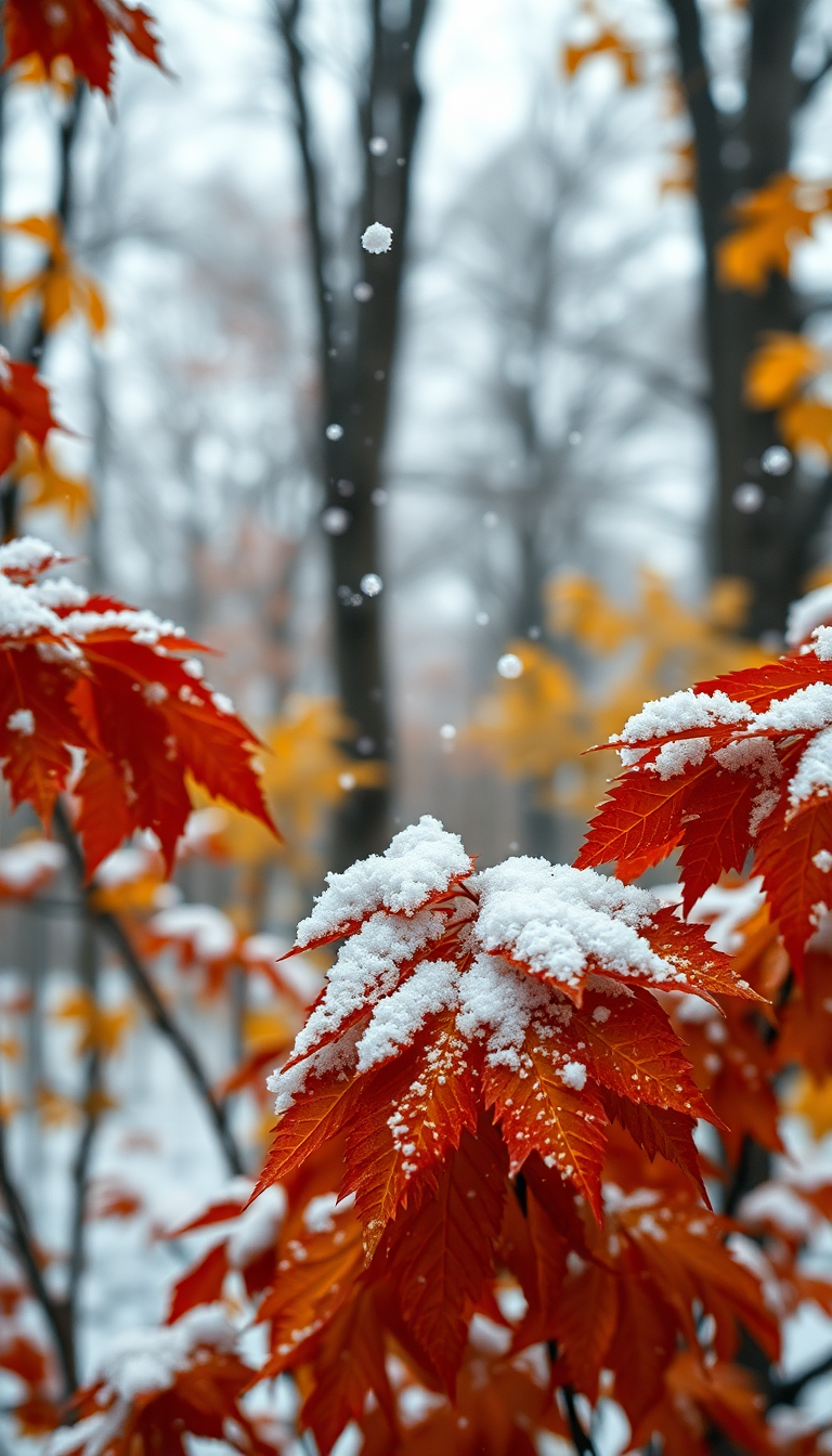 Beautiful Autumn On Falling Snow Photorealistic Wallpaper