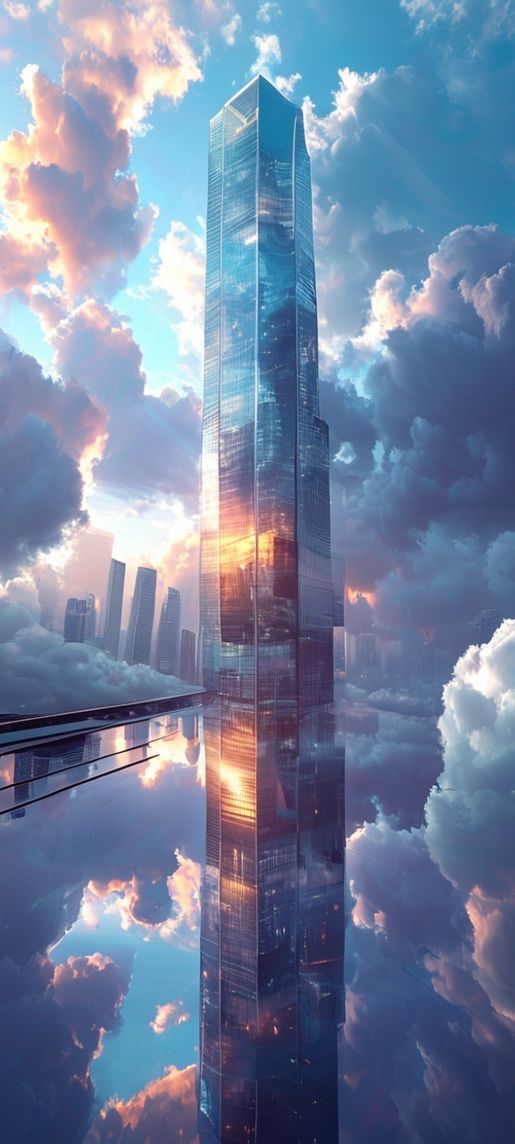 Rich Warped Clouds Reflections Skyscraper Photorealistic Wallpaper