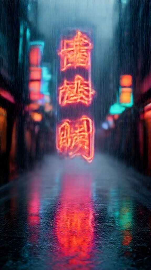 Chinese Characters Rain Reflections Cyberpunk HQ Wallpaper