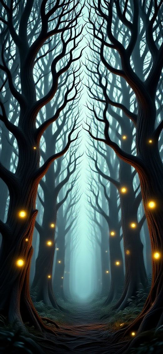 Metallic Dark Forest Trees Eyes Digital art Wallpaper