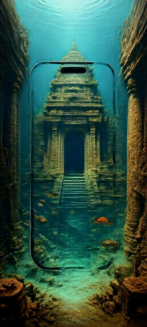 Grand Ancient Temple Fish Swimming Digital art Wallpaper