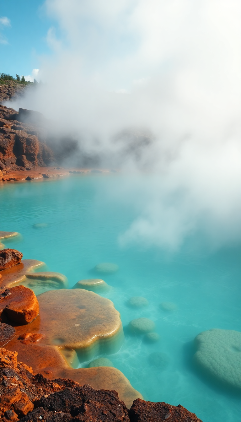 Volcanic Hot Springs Steam Rising Turquoise Photorealistic Mega Wallpaper