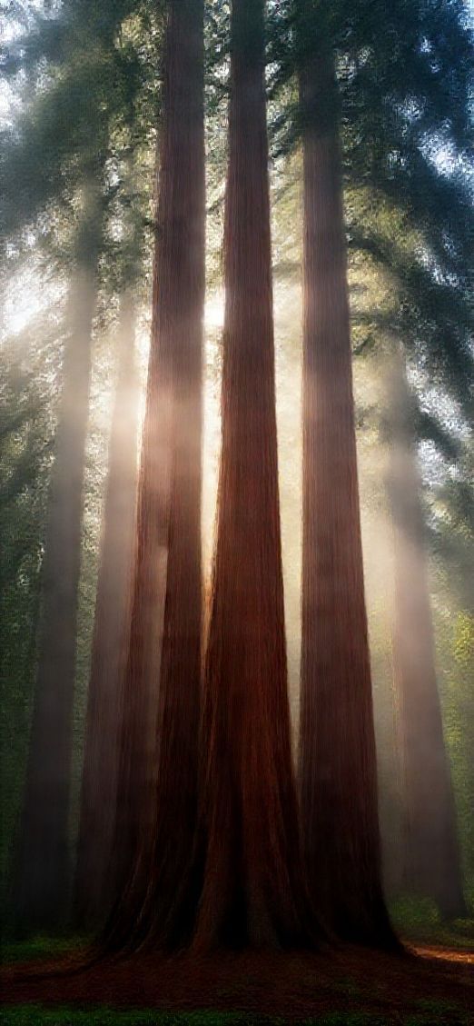 Mesmerizing Redwood Trees Morning Fog Photorealistic Wallpaper
