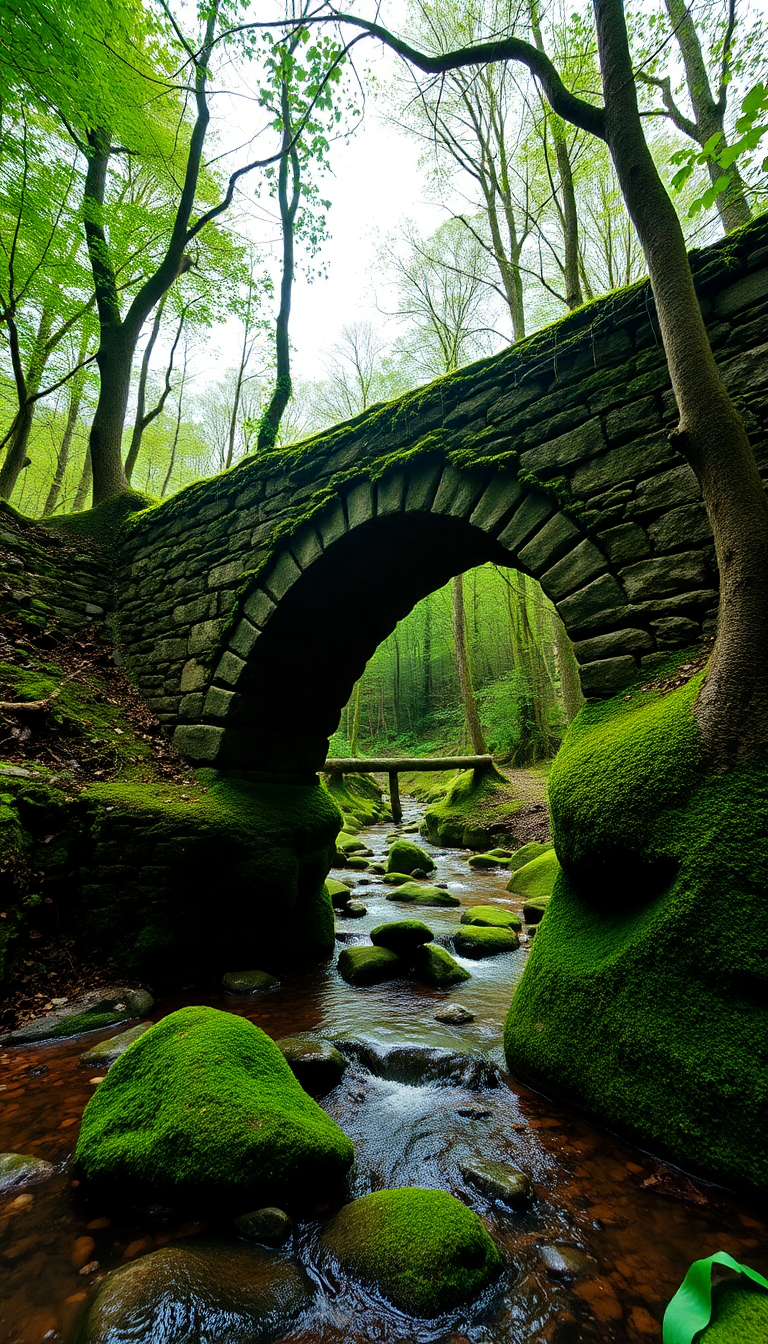 Misty Moss Covered Ancient Stone Bridge Wallpaper