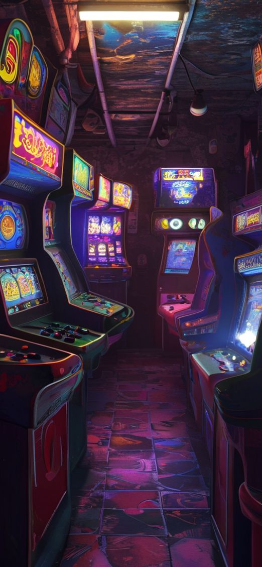 Holographic Old Arcade Machines Dark Room Wallpaper