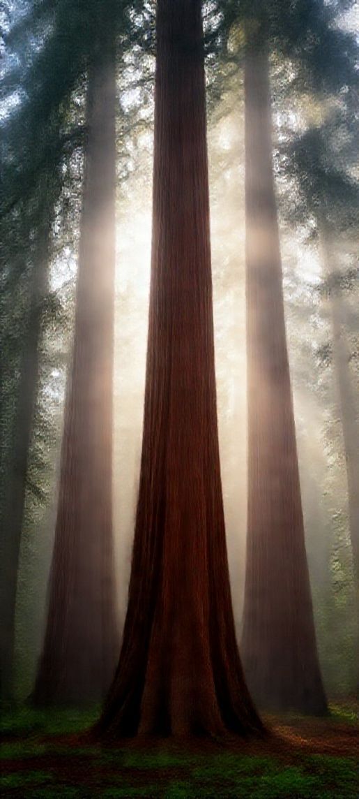 Giant Redwood Trees Morning Fog Sunbeams Photorealistic Exclusive Wallpaper