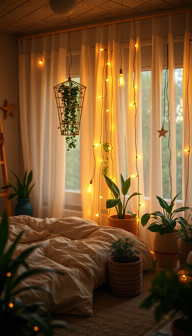 Misty Indie Bedroom Fairy Lights Plants Wallpaper