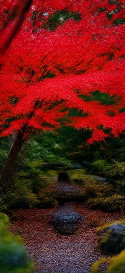Red Leaves Zen Garden Nature Remaster Wallpaper