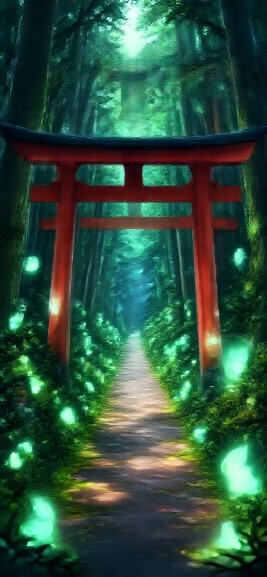 Supreme Forest Glowing Creatures Torii Anime Wallpaper