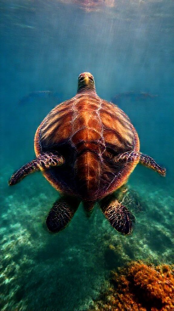 Matte Underwater Sunbeams Swimming Turtle Photorealistic Wallpaper