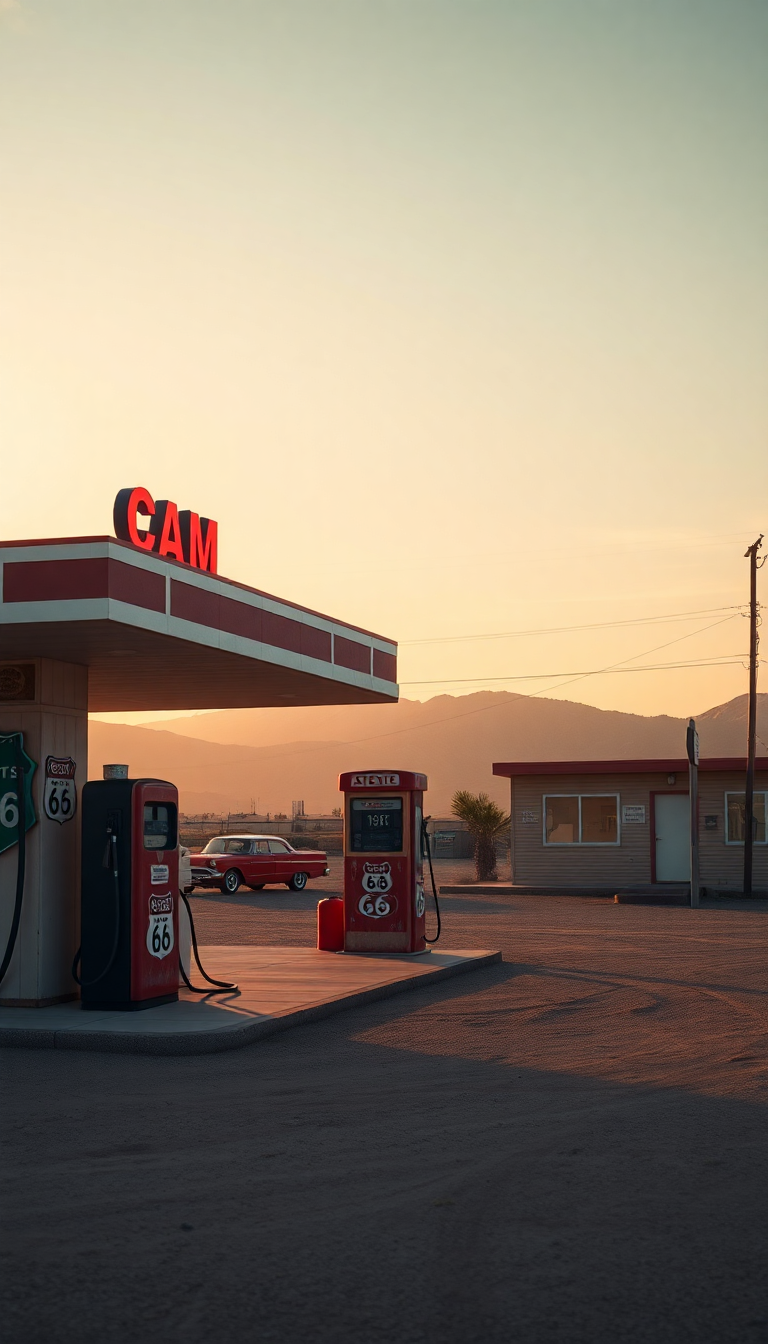 Wild Gas Station Desert Route Photorealistic Wallpaper