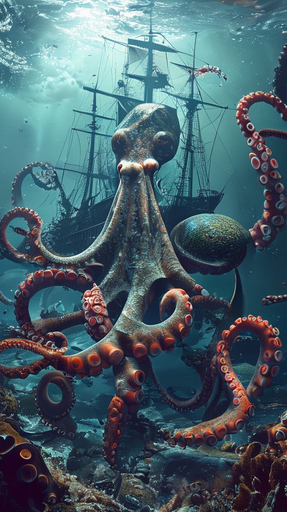 Fiery Elegant Giant Octopus Shipwreck Wallpaper