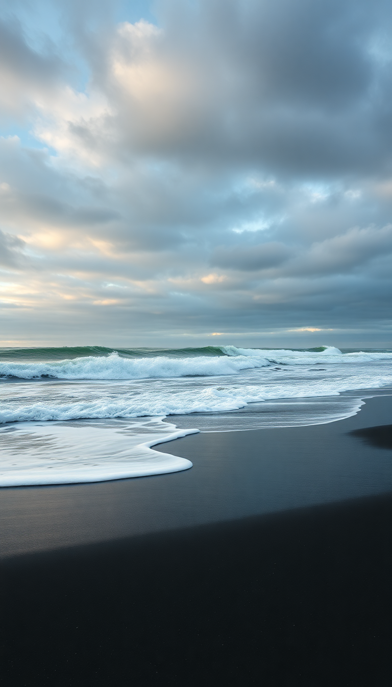 Icelandic Black Sand Beach Waves Photorealistic Wallpaper