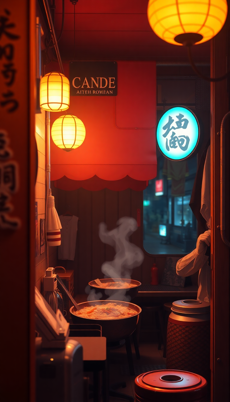 Pure Shop Night Steam Warm Lighting Wallpaper