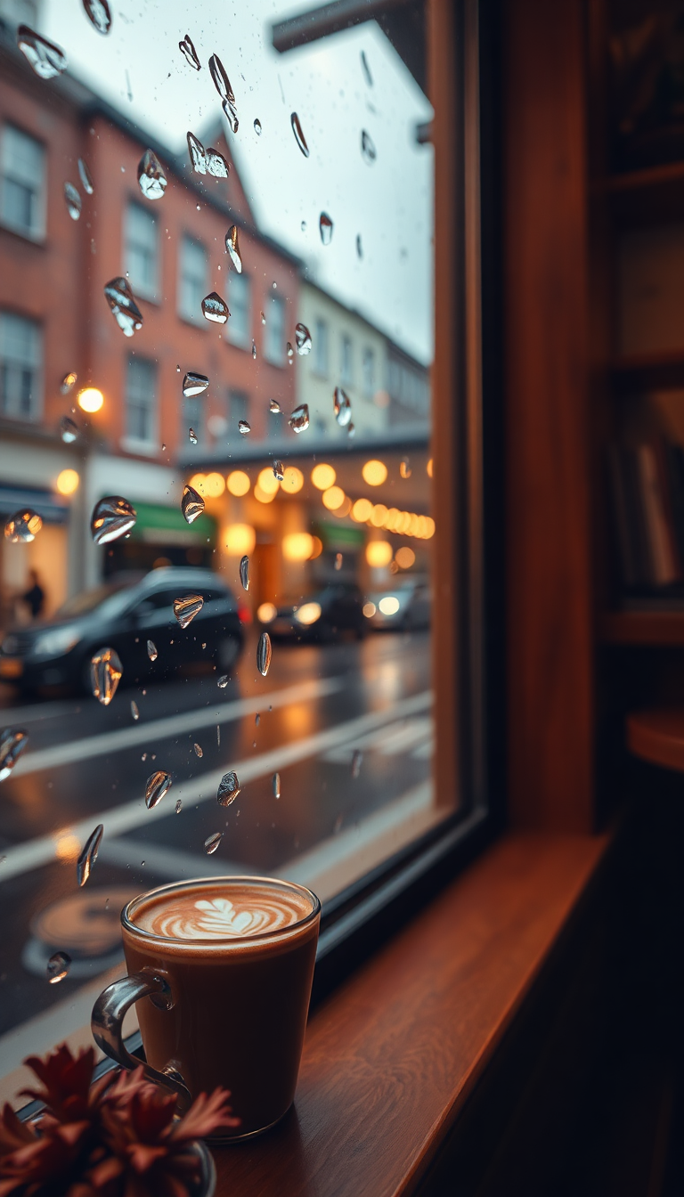 Coffee Shop Window Rain Outside Cozy Aesthetic Lite Wallpaper