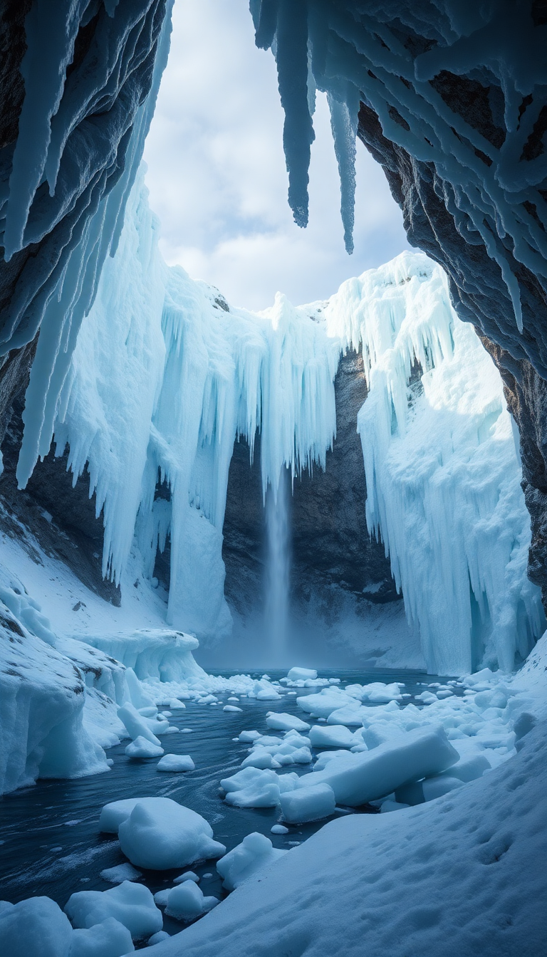 Dramatic Frozen Waterfall Ice Formations Winter Wallpaper