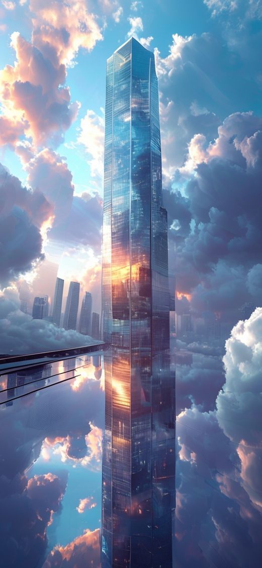 Minimalist Glass Skyscraper Reflections Clouds Warped Wallpaper