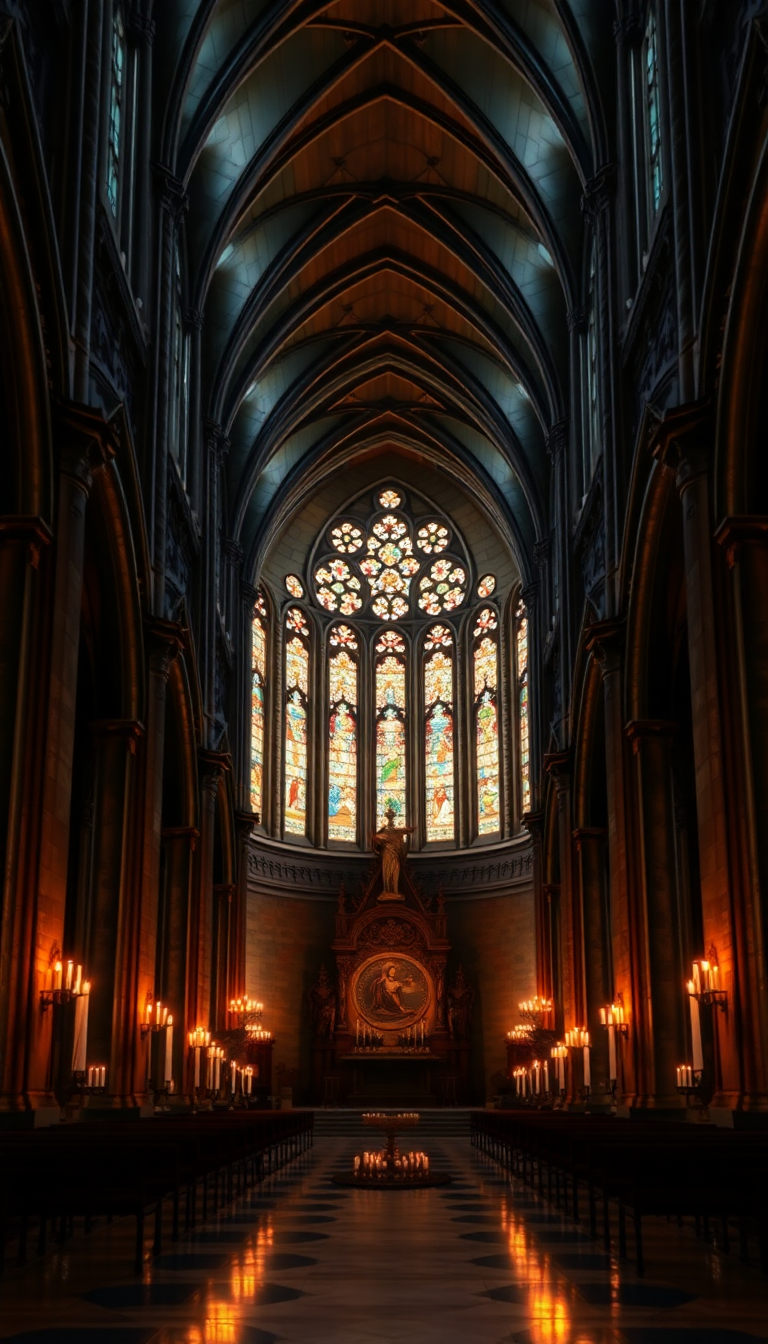 Gothic Cathedral Interior Candlelight Shadows Photorealistic Elite Wallpaper