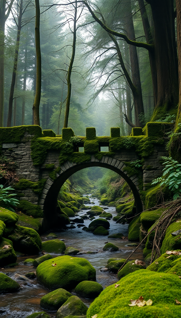 Moody Covered Ancient Stone Bridge Aesthetic Wallpaper