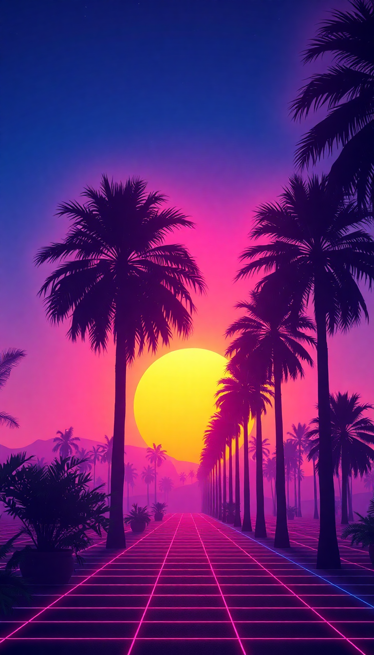 Opulent Synthwave Grid Sunset Palm Digital art Wallpaper