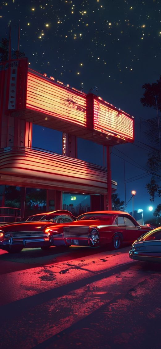 Drive-in Movie Theater Night Classic Cars Photorealistic Version Wallpaper