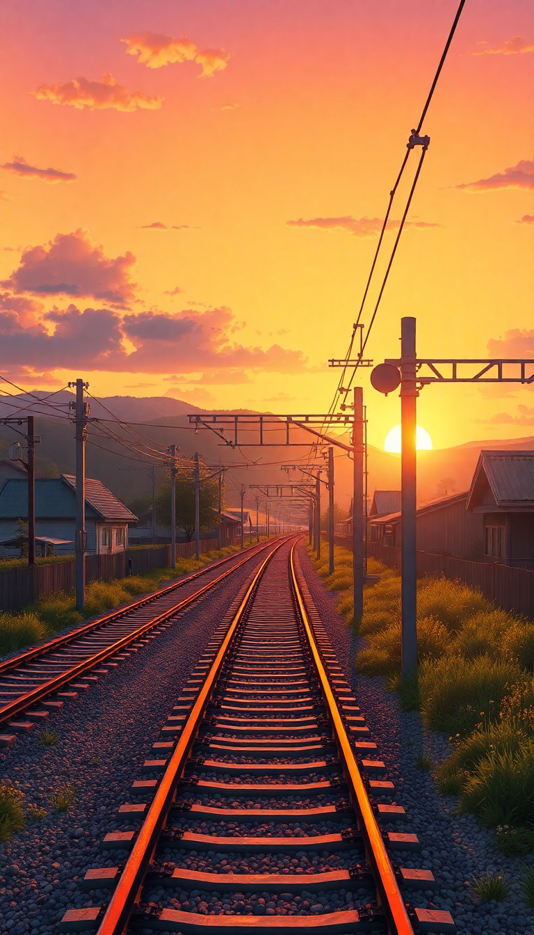 Anime Charming Train Crossing Rural Wallpaper