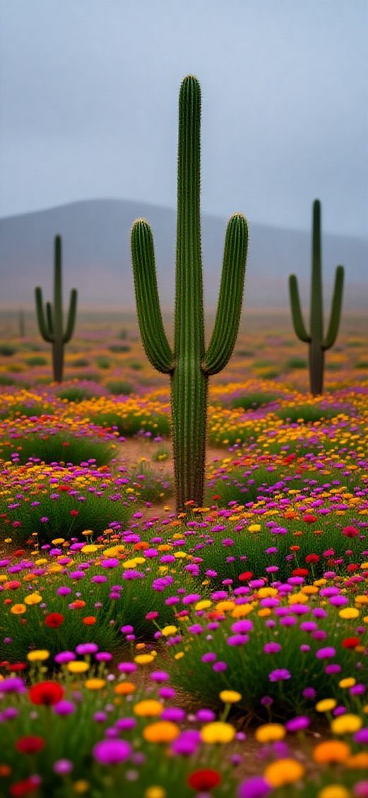 After Rain Wildflowers Cacti Nature Original Wallpaper
