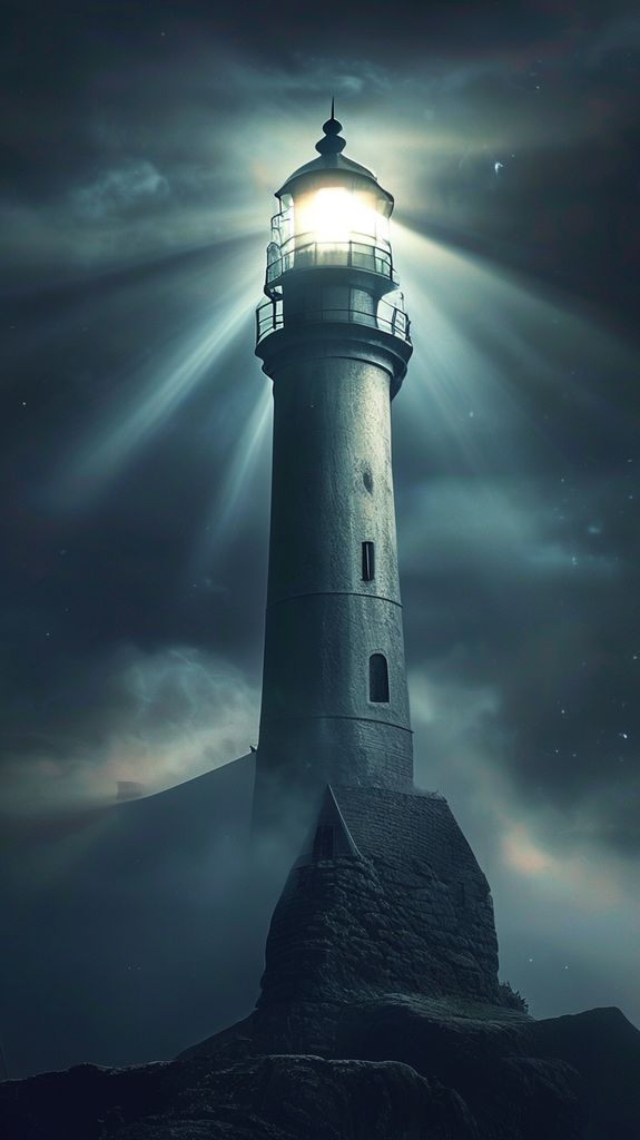 Twilight Lighthouse Beam Cutting Through Photorealistic Wallpaper